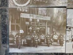 A selection of large scale sepia reprinted photographs of 1920s Harley Davidsons