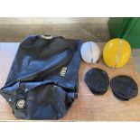 Selection of leather caps & helmets as well as a bag