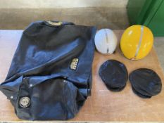 Selection of leather caps & helmets as well as a bag