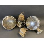 A pair of Lucas King of The Road headlamps, a black enamel and brass Lucas no.635 handheld lamp etc.