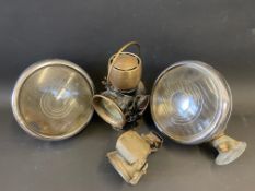 A pair of Lucas King of The Road headlamps, a black enamel and brass Lucas no.635 handheld lamp etc.