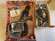 An autojumbler's lot of various spanners and parts, a Duckham's Oiling chart, brass horn etc.