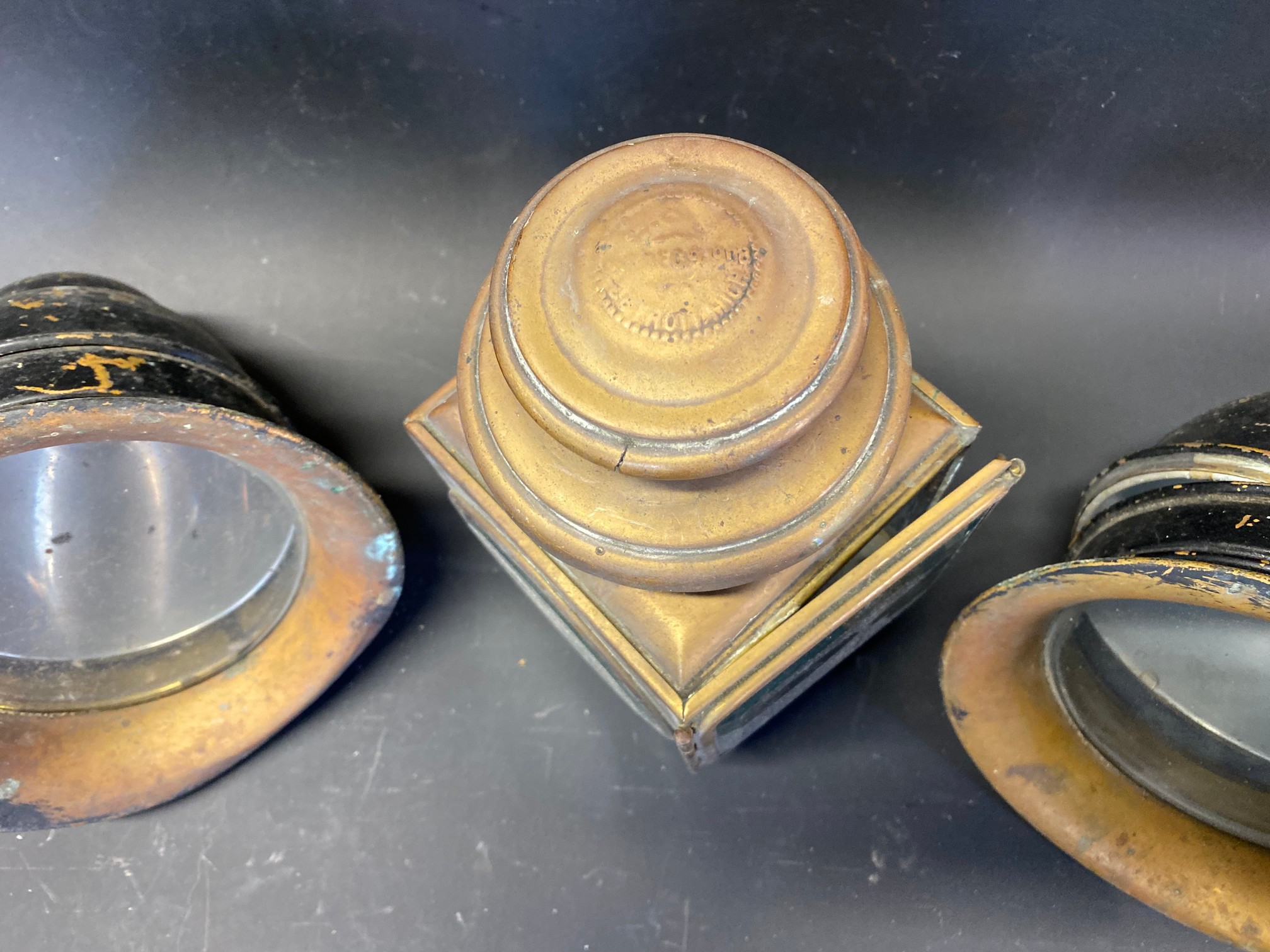 A pair of CAV bell-shaped headlamps plus an American brass paraffin lamp dated 1908. - Image 4 of 4