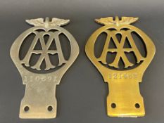 Two large, early AA badges, one nickel plated.