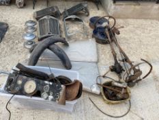 A collection of Lea Francis parts including bonnet, steering column, radiator grille etc.