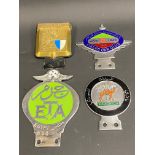 Four car badges from the Far East including Fields Car Club, Iran 1949, Sudan Car Club and Egypt