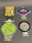 Four car badges from the Far East including Fields Car Club, Iran 1949, Sudan Car Club and Egypt
