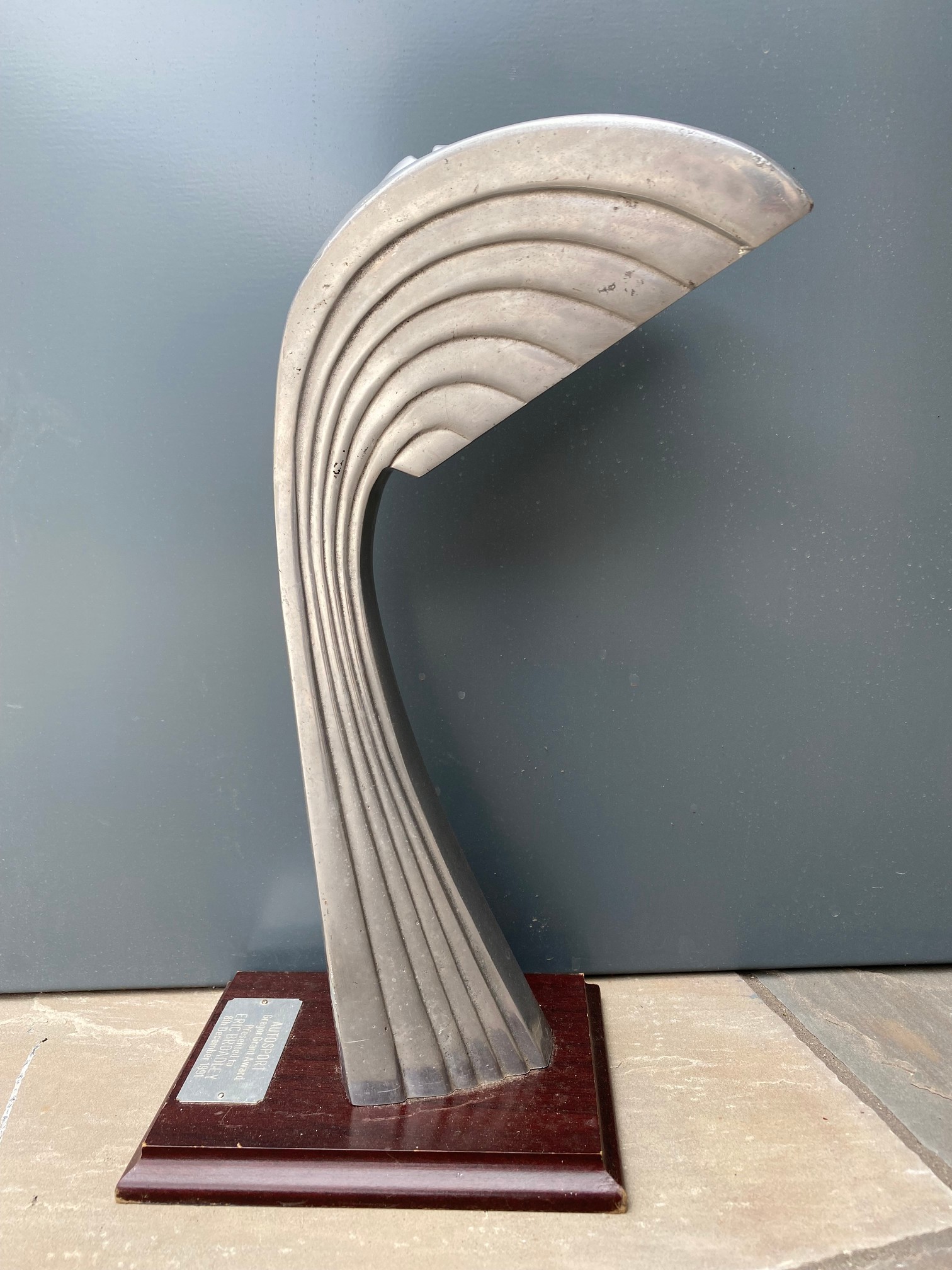 A stylish polished aluminium Autosport presentation statue of stylish form, awarded to Eric Broadley - Image 2 of 2