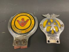A Pyrex Social Club Motoring Section car badge, plus a motorcycle AA badge.