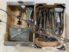 Two boxes of workshop items including jacks, reamers etc.