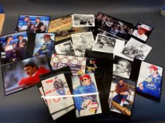 A collection of photographs, some related to Formula 1 featuring Nigel Mansell, Ayrton Senna,