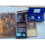 A quantity of workshop precision tools including a micrometer, letter punches etc.