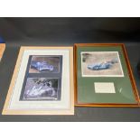 A framed and glazed print of Stirling Moss driving a Mercedes Benz W196, with inset extract