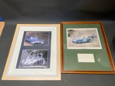 A framed and glazed print of Stirling Moss driving a Mercedes Benz W196, with inset extract