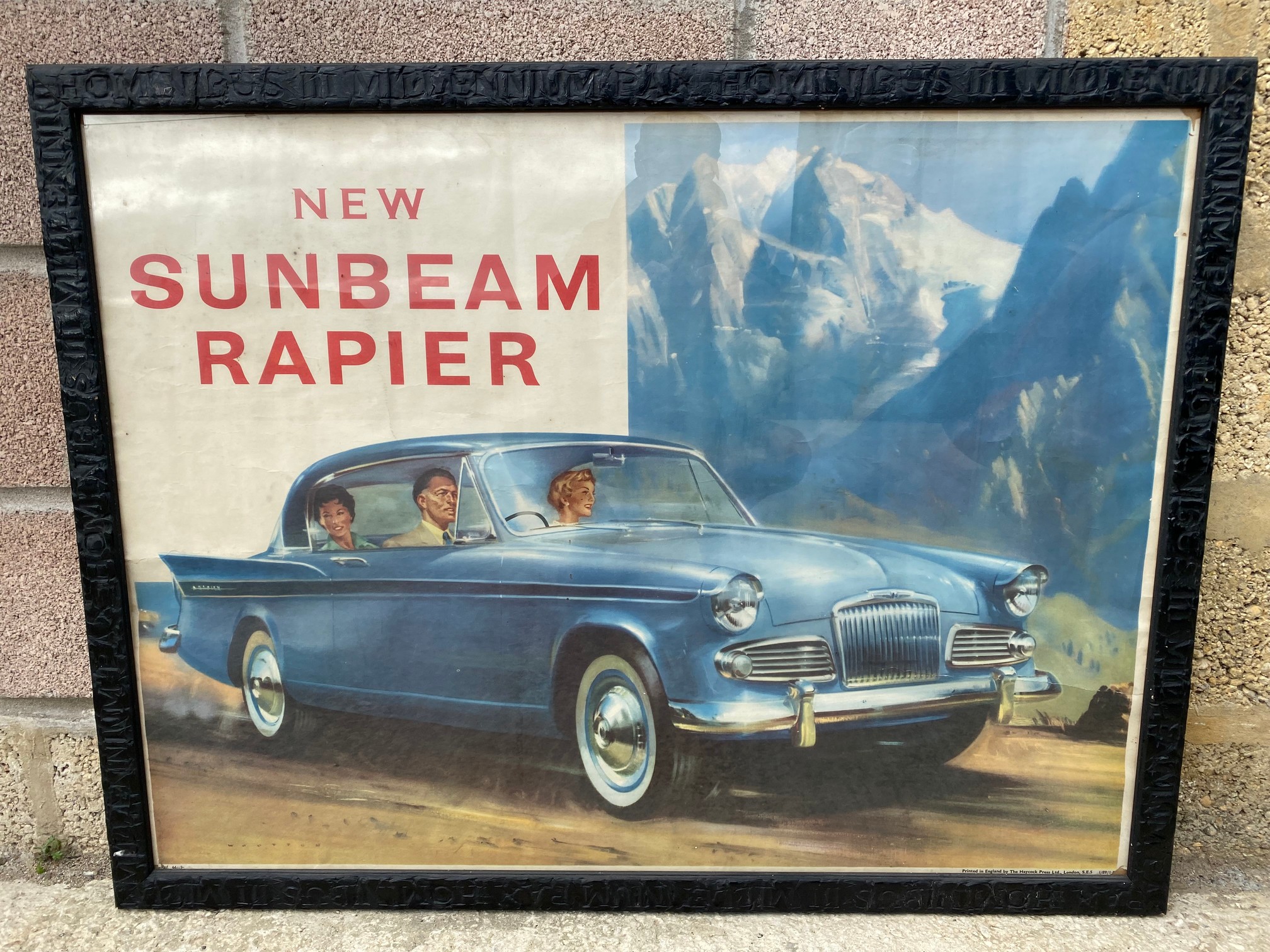 A large original advertising poster for the 'New Sunbeam Rapier' in an unusual carved woo