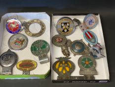 Two trays of assorted car badges to include Delage Owners Club, Arnott Racing Cars etc.