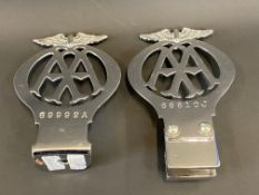 Two chrome plated AA badges with badge bar mounts.