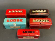 Five Lodge spark plug tins in good condition.