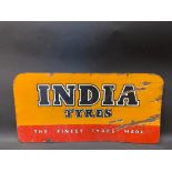 An India Tyres double sided enamel sign from a large tyre rack, 24 x 12".