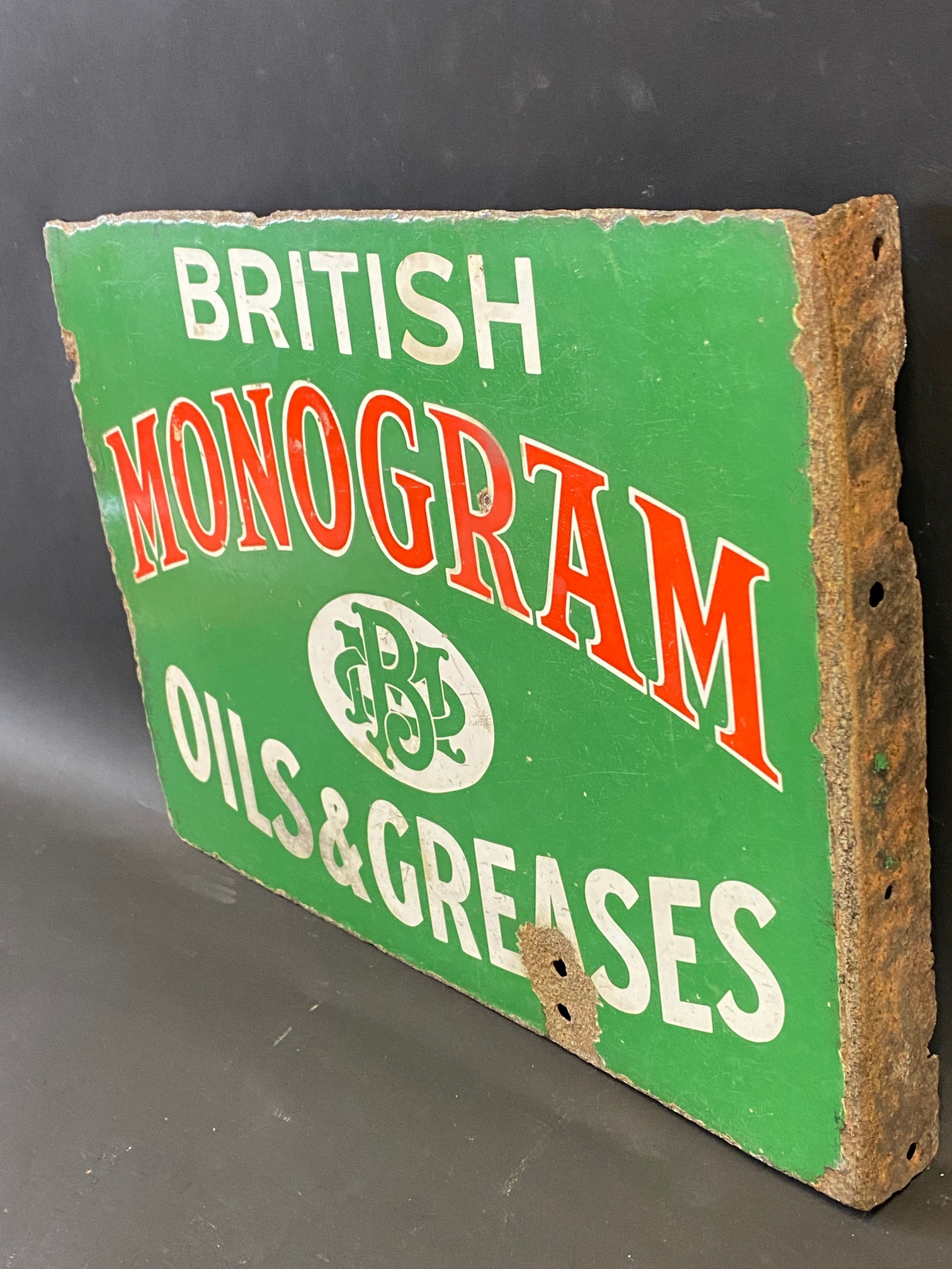 A rare British Monogram Oils and Greases double sided enamel sign with hanging flange, 16 x 12". - Image 5 of 5