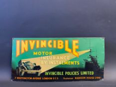 An Invincible Motor Insurance pictorial tin advertising sign, 20 x 9 1/2".