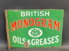 A rare British Monogram Oils and Greases double sided enamel sign with hanging flange, 16 x 12".