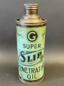 A Super Slip Penetrating Oil quart cylindrical oil can.