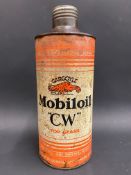 A Gargoyle Mobiloil CW Grade quart cylindrical oil can.