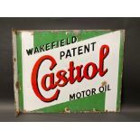 A Wakefield Patent Castrol Motor Oil double sided enamel sign with hanging flange, 20 x 16".