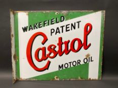 A Wakefield Patent Castrol Motor Oil double sided enamel sign with hanging flange, 20 x 16".