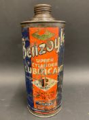 A Benzoyle Upper Cylinder Lubricant quart cylindrical oil can.