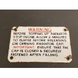 A small enamel warning sign regarding topping up the radiator, 5 x 3 1/4".