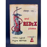 A Redex pictorial tin advertising sign depicting the forecourt dispenser, 17 1/2 x 25".