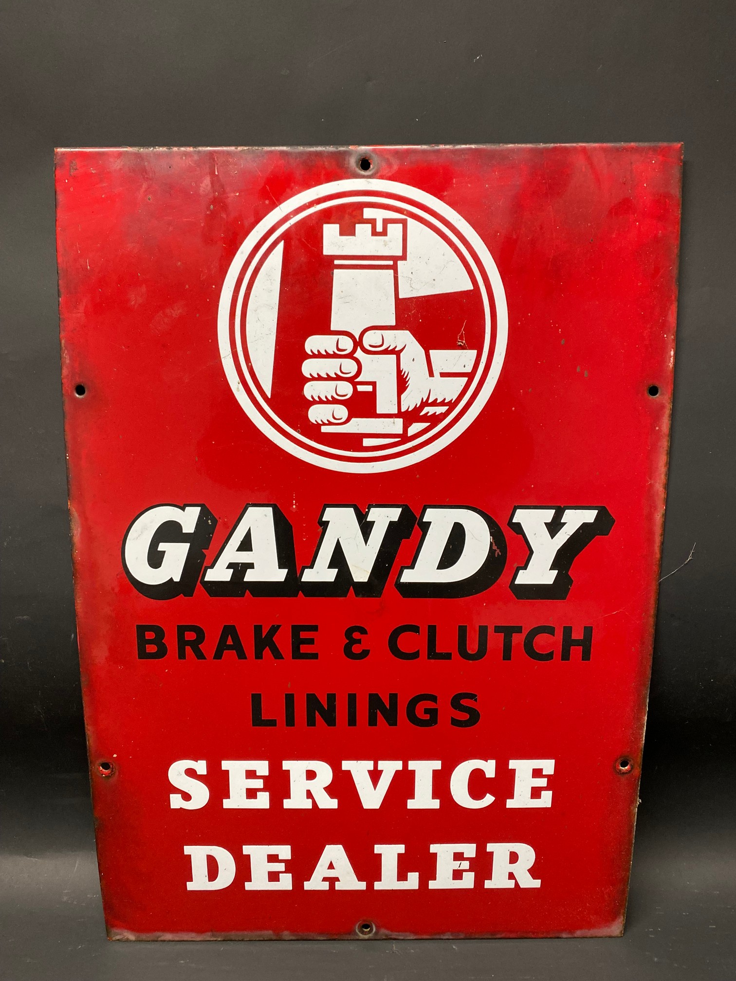 A Gandy brake and clutch lining enamel sign, 15 1/2 x 22 1/2.