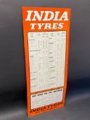 An India Tyres rectangular tin garage chart for sizes and pressures, 12 x 29 1/2".