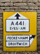 A large yellow backed road sign, A441 to Evesham, also right to Feckenham and Droitwich, 36 x 42".