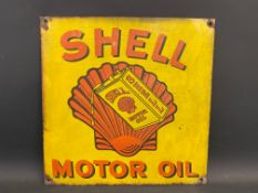 A Shell Motor Oil enamel sign depicting a can dripping oil, 18 x 18".