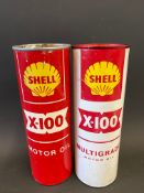 Two Shell cylindrical X-100 oil cans.