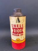 A Shell X-100 Motor Oil cylindrical quart can.