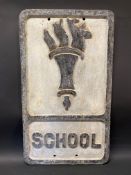 A reproduction cast aluminium road sign for School, made by Needham of Stockport, 12 x 20 3/4".