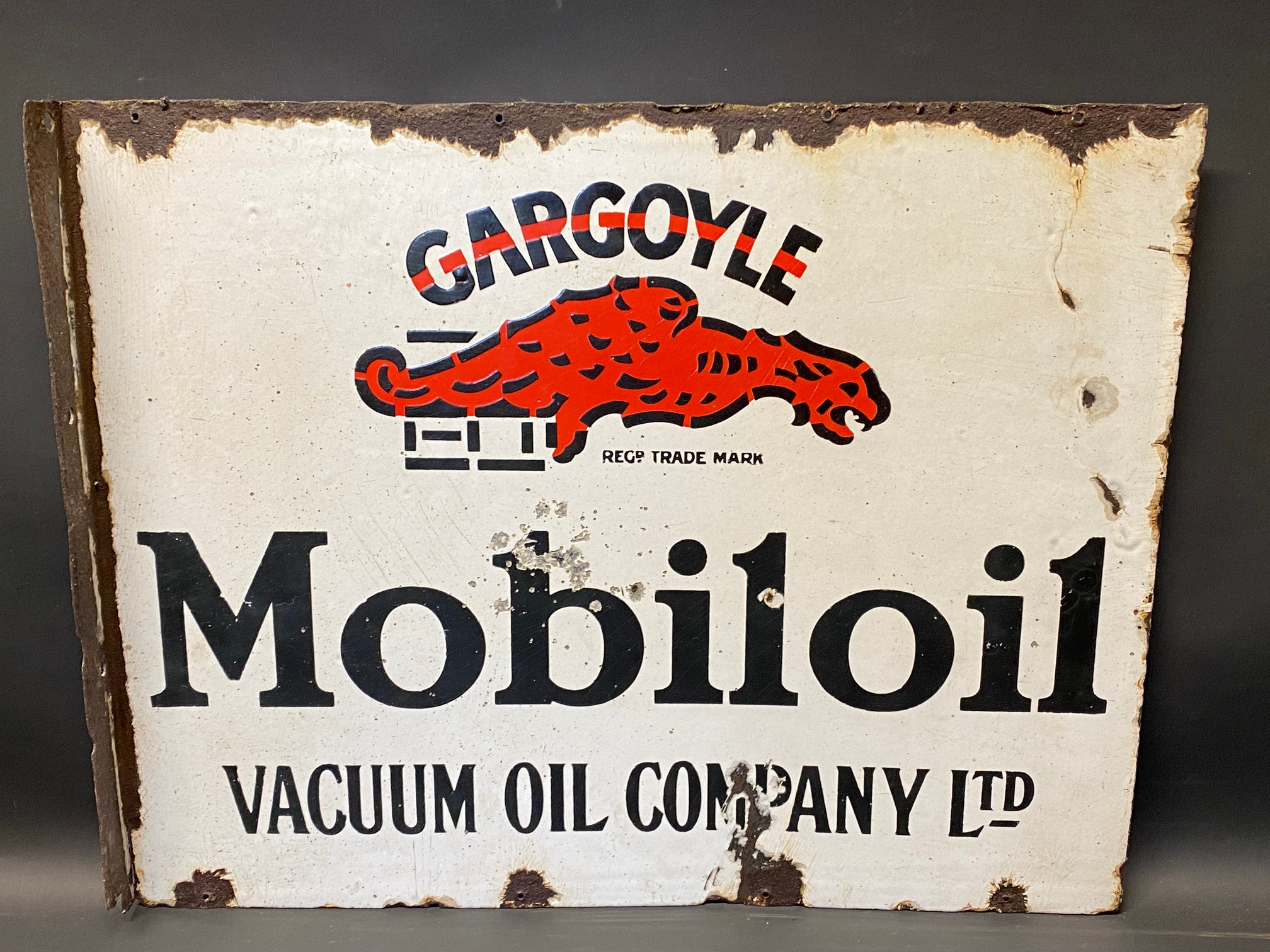 A Gargoyle Mobiloil double sided enamel sign with hanging flange, 20 x 16".