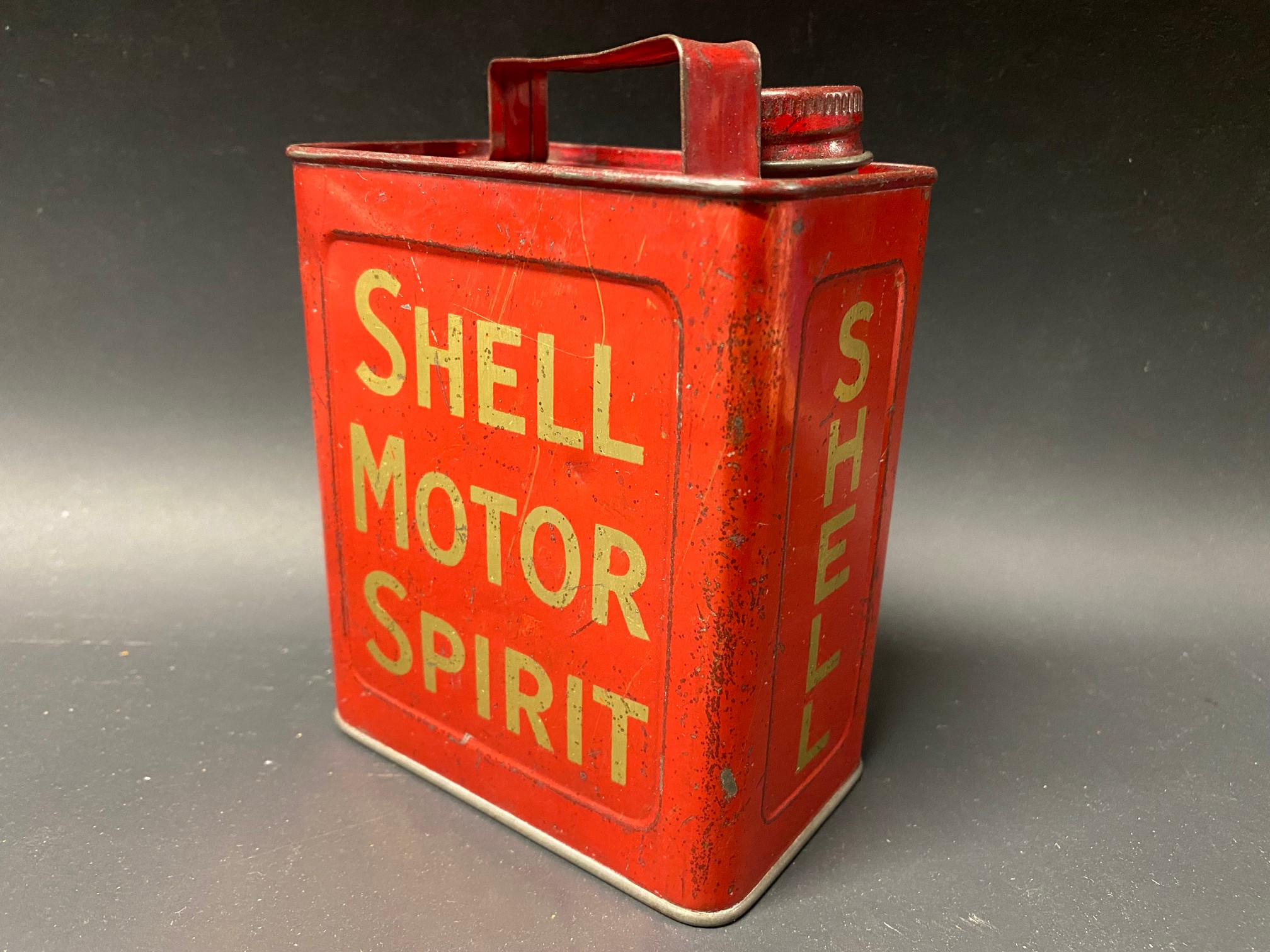 A Shell Motor Spirit pedal car can, in excellent condition.