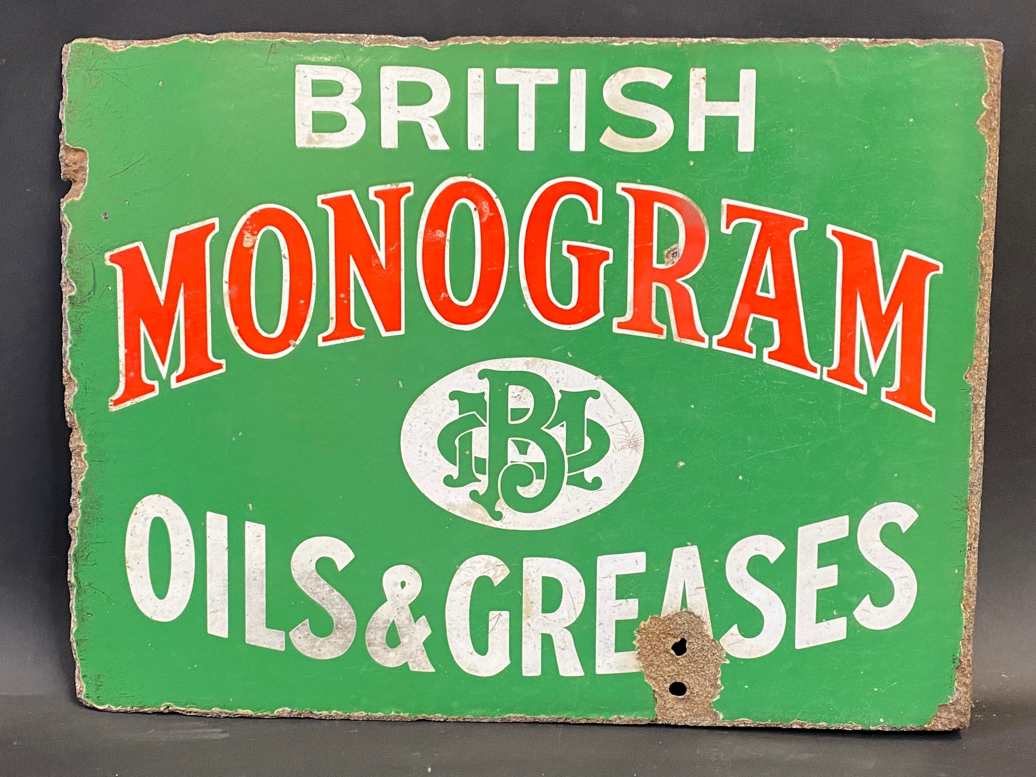 A rare British Monogram Oils and Greases double sided enamel sign with hanging flange, 16 x 12". - Image 4 of 5