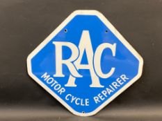 An RAC Motorcycle Repairer lozenge shaped double sided enamel sign, in very good condition, 19 1/2 x