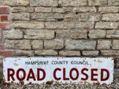 A Hampshire County Council Road Closed sign with inset reflective red glass beads to the letters, 54