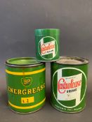 A Wakefield Castrolease grease tin, a BP Energrease tin and a miniature Castrolease sample tin.