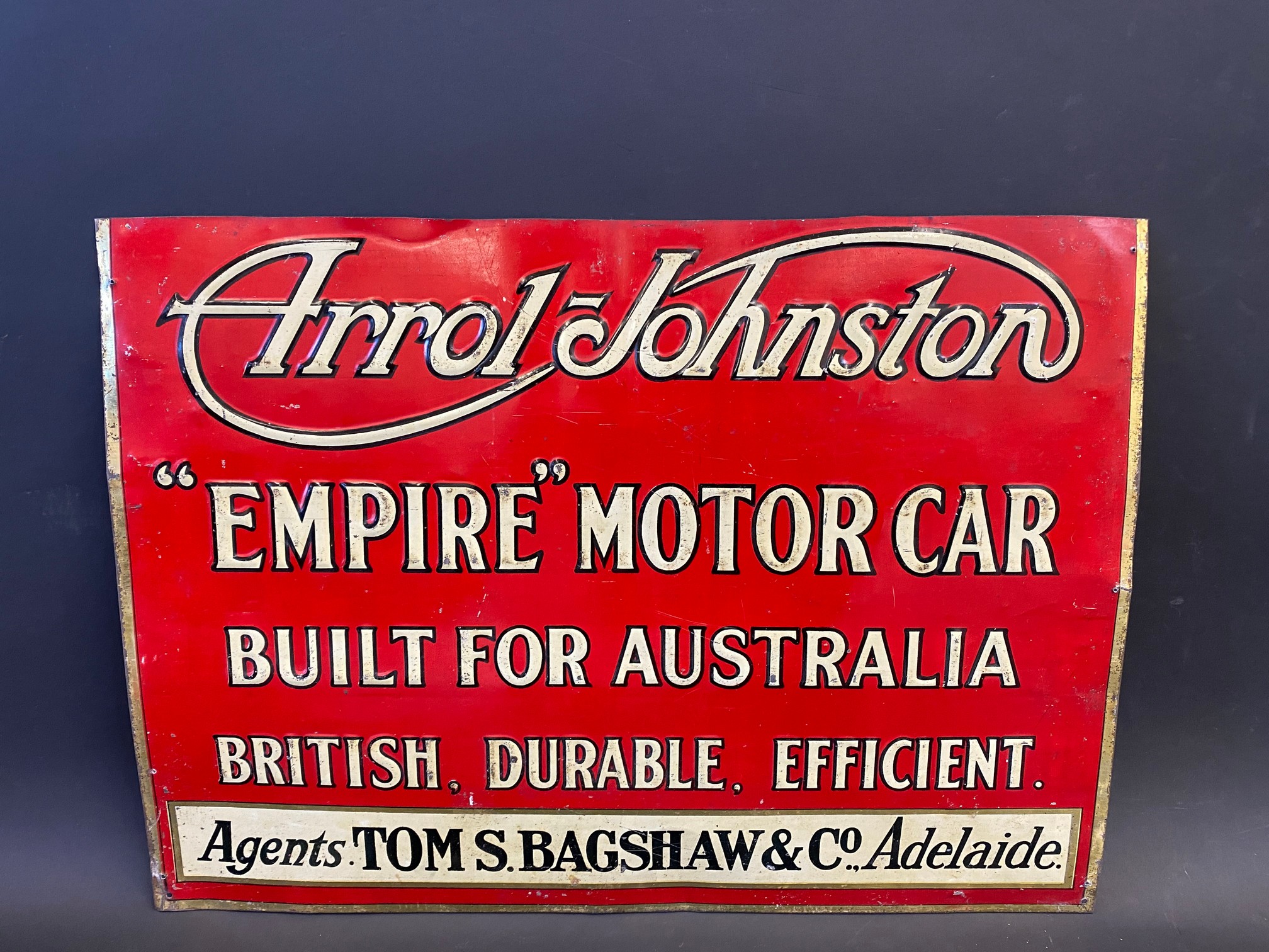 A rare Arrol Johnston ''Empire'' Motor Car Australian tin advertising sign, trimmed top edge, 17 3/4