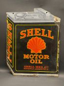 A Shell Motor Oil can-shaped double sided enamel sign in good condition, the earlier dark grey