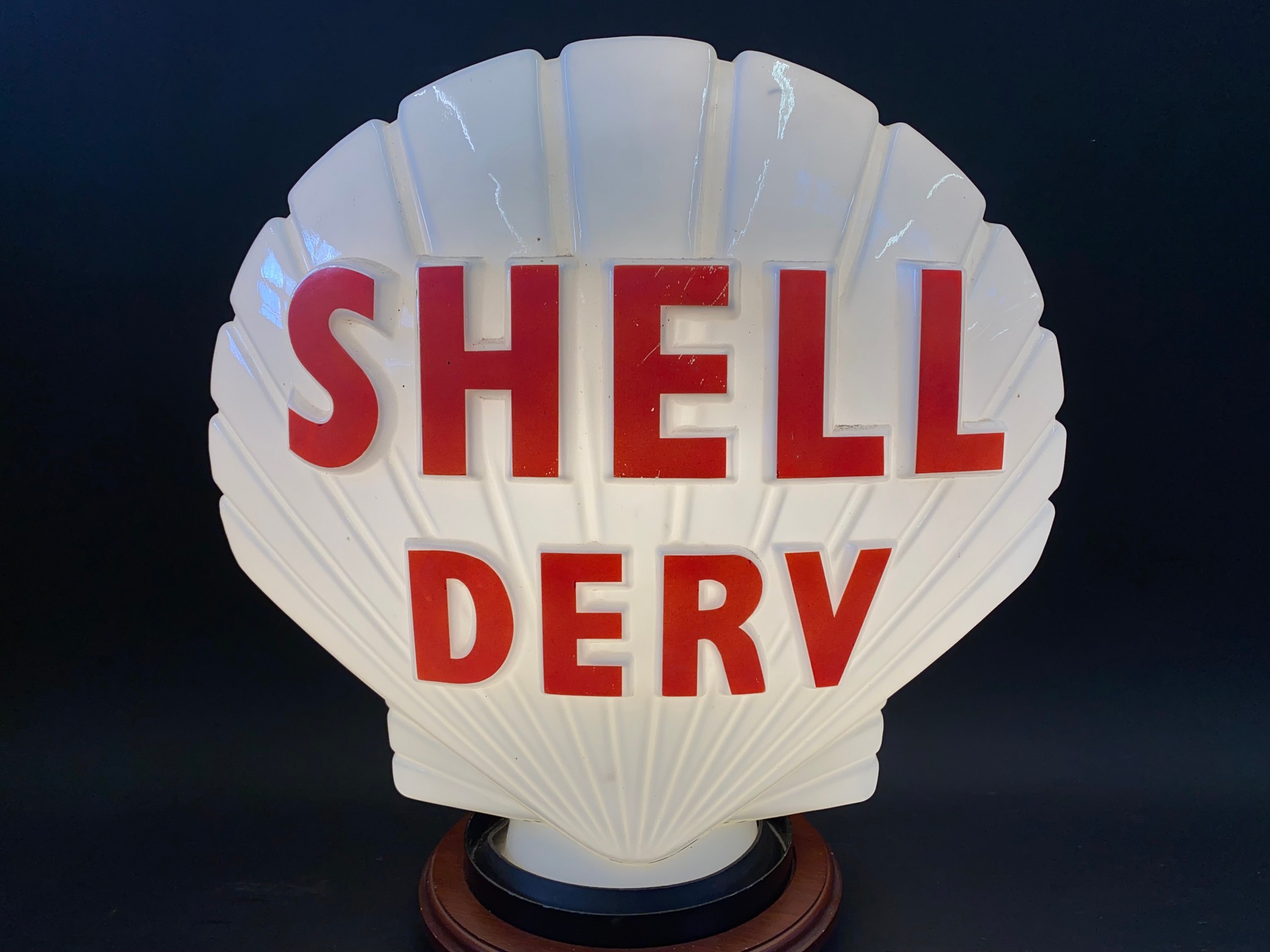 A rare Shell Derv glass petrol pump globe, by Hailware, chips to neck hidden by ring otherwise