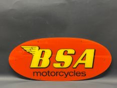 A BSA Motorcycles oval garage showroom plastic advertising sign, 26 1/2 x 12".